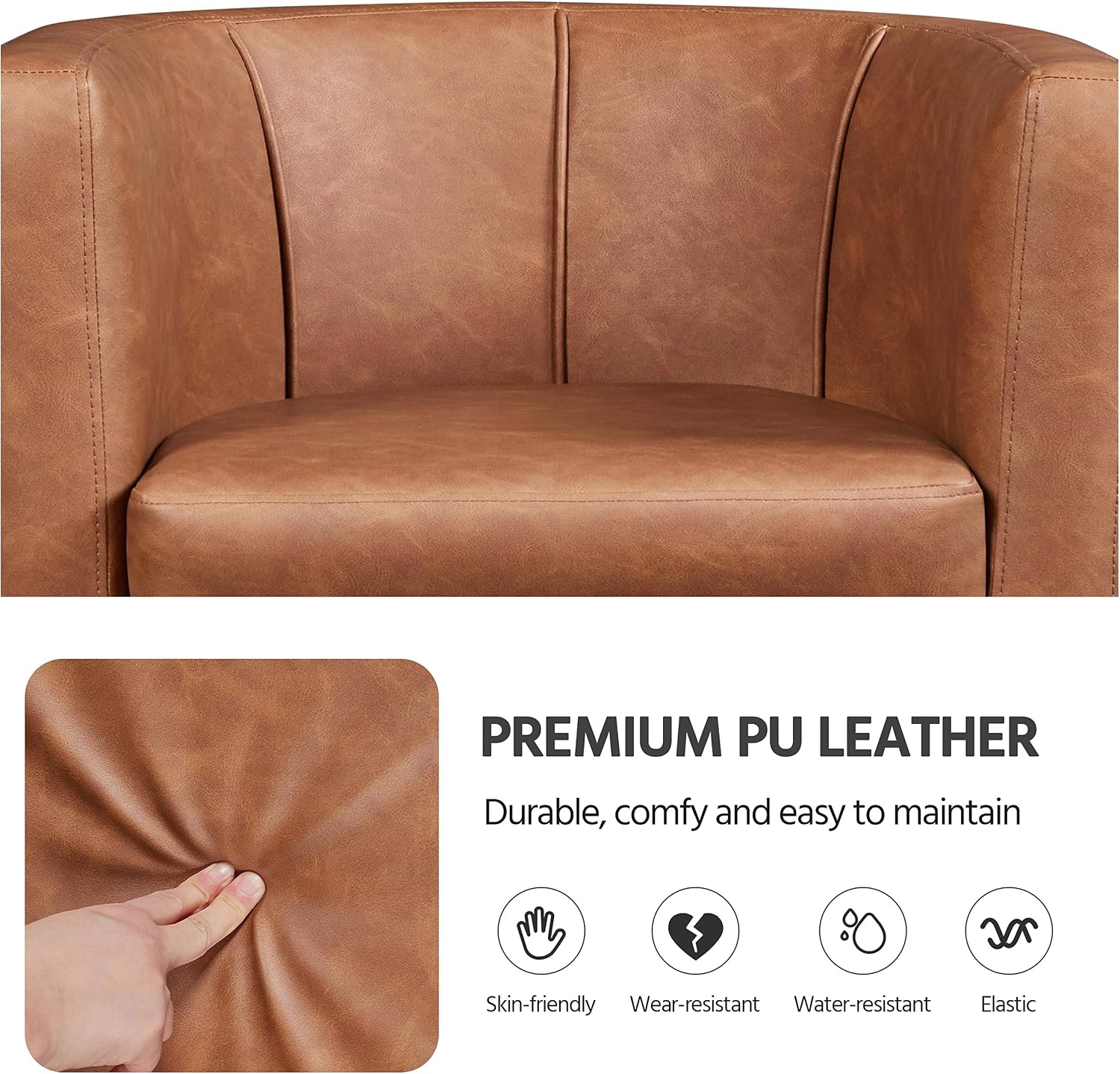 Yaheetech Accent Chair, PU Leather, Modern and Comfortable Armchairs, Upholstered Barrel Sofa Chair for Living Room Bedroom Waiting Room, Brown