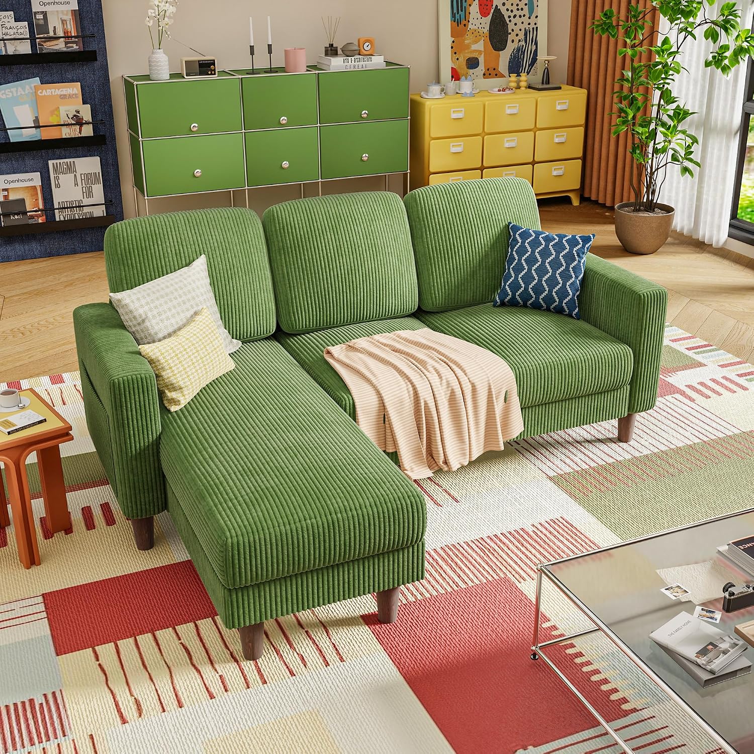 YESHOMY Couches for Living Room, Sofa with Movable Ottoman, Small Couch with Reversible Chaise and Side Pockets, L Shaped Couch for Small Space, Apartment (Corduroy, Green)