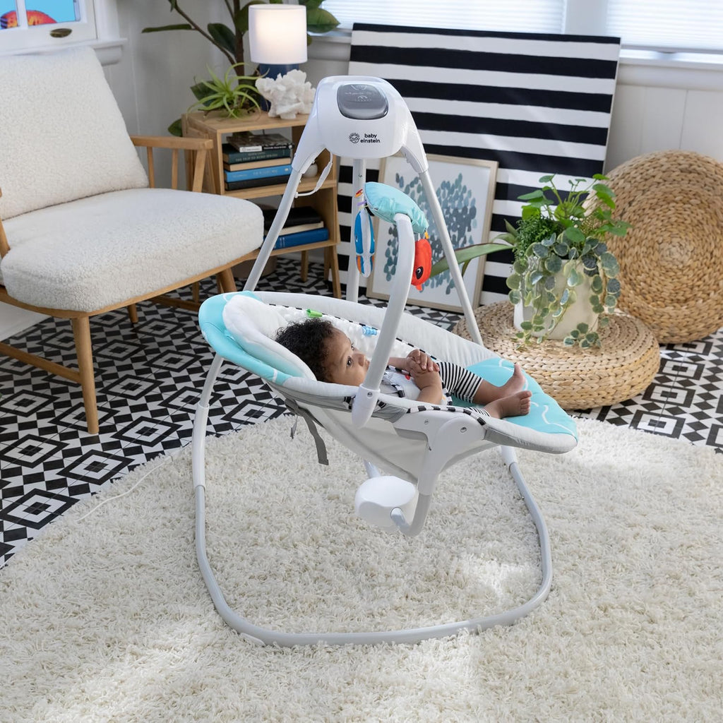 Baby Einstein Ocean Explorers Musical Compact, Lightweight Baby Swing, 6-Speed Multi-Direction, Vibrations, Music, Sounds, 0-9 Months - Grey