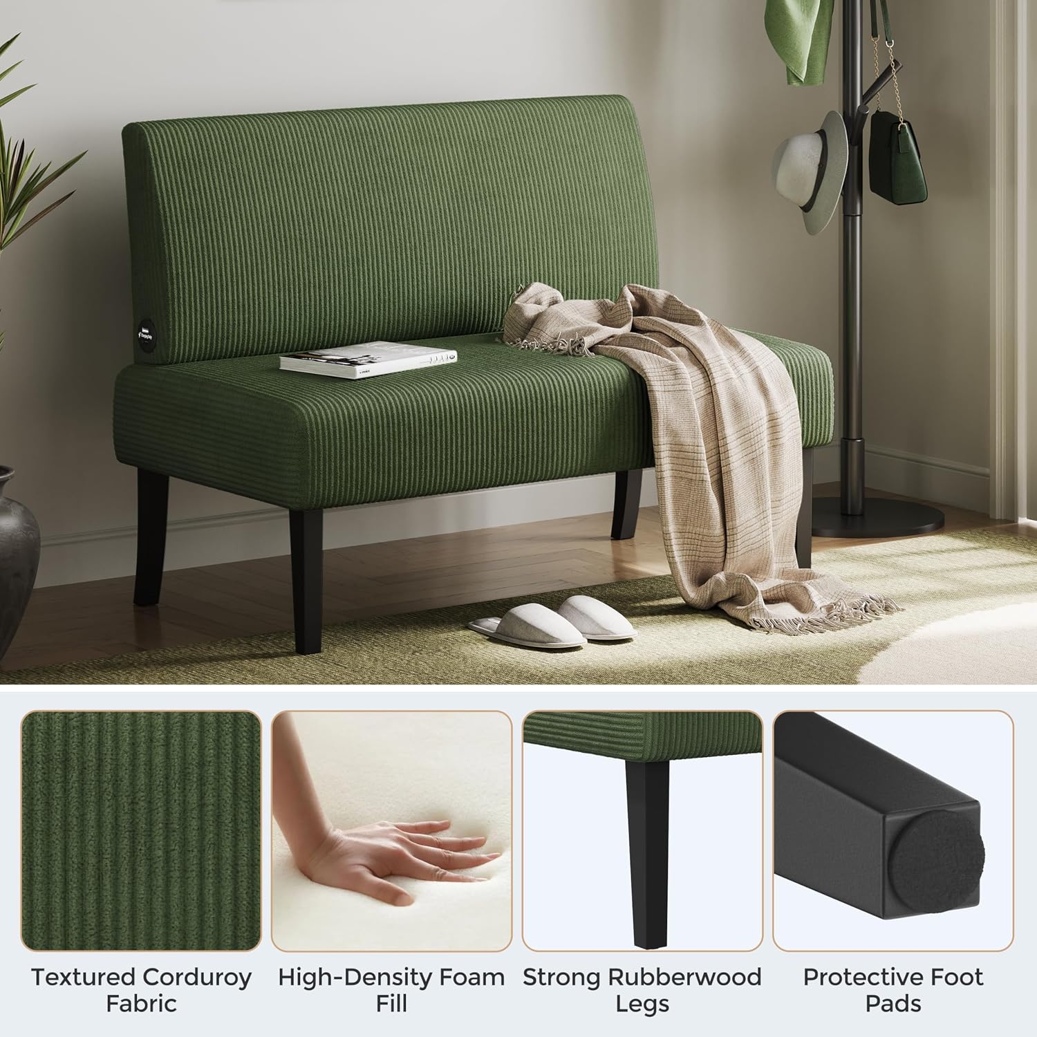 Yaheetech Small Mini Sofa Couch Armless Loveseat Futon for Bedroom, Corduroy Fabric & Easy Assembly, for Small Spaces Living Room,Dorm,Office,Apartment, Green