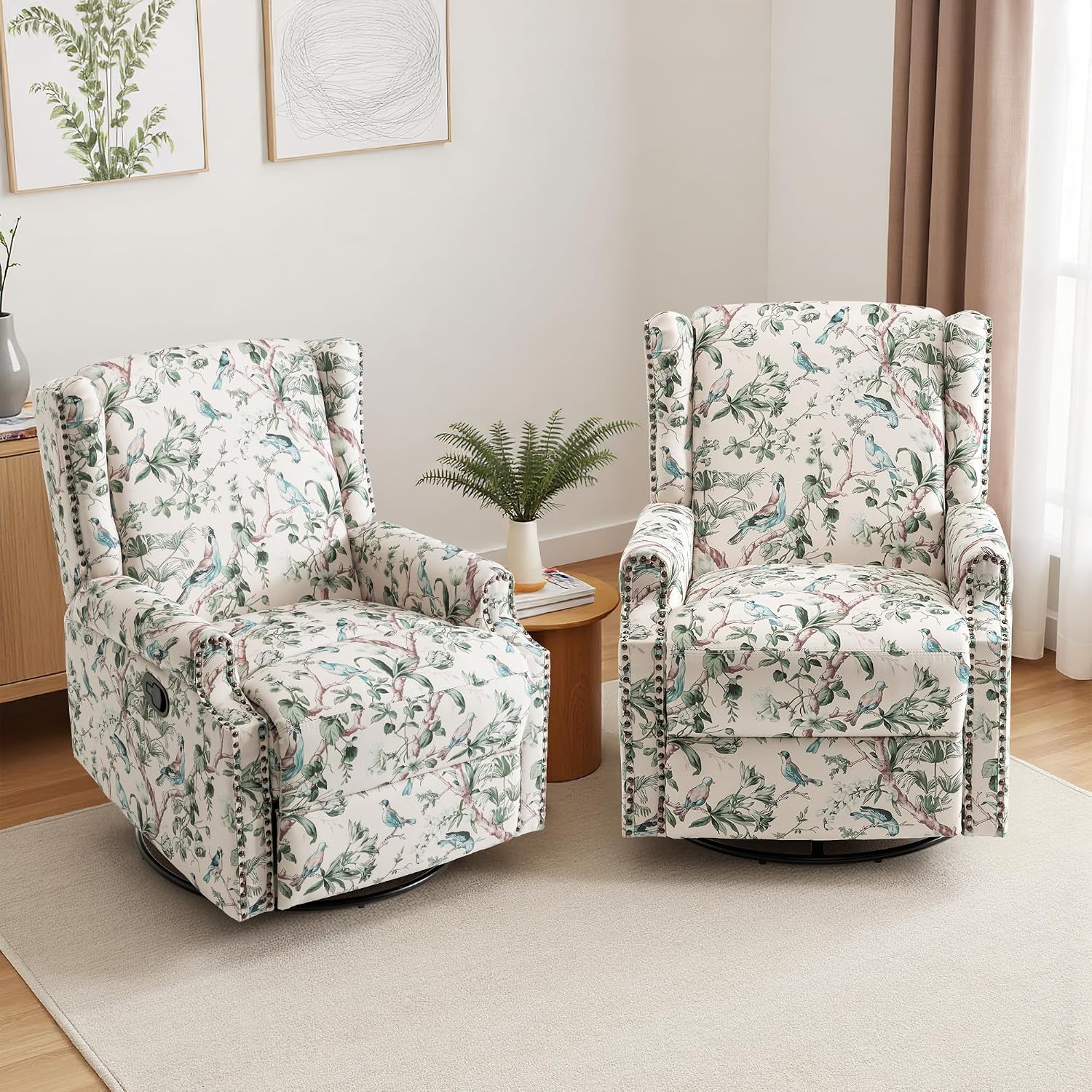 Swivel Rocker Recliner Chairs Set of 2, 360° Swivel Wingback Recliner Chairs for Adults, Upholstered Printed Fabric Glider Rocking Chair with High Back, Deep Seat for Living Romm Bedroom, Bird