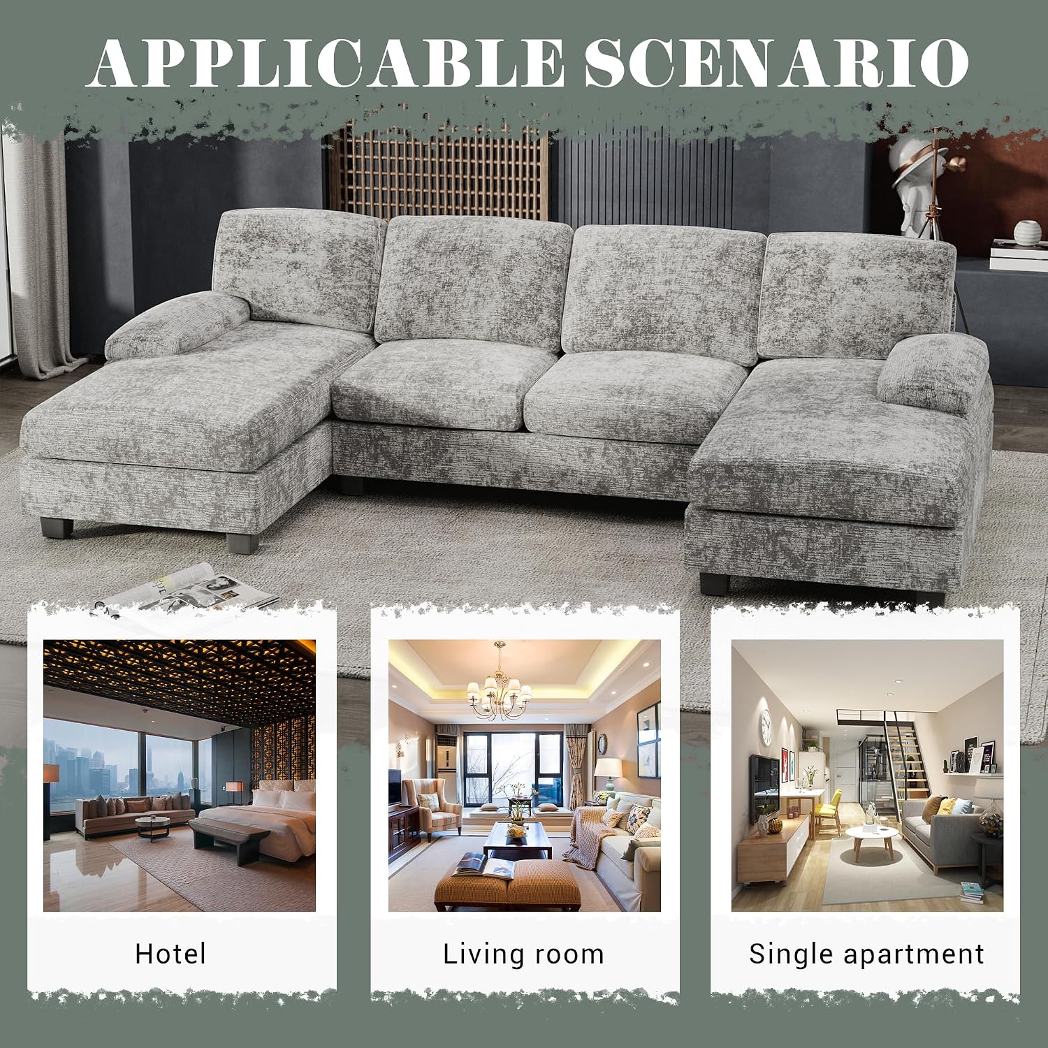 Furniwell Convertible Sectional Sofa Couch, 4 Seat Sofa Set for Living Room U-Shaped Modern Fabric Modular Sofa Sleeper with Double Chaise & Memory Foam (Fabric, Grey)