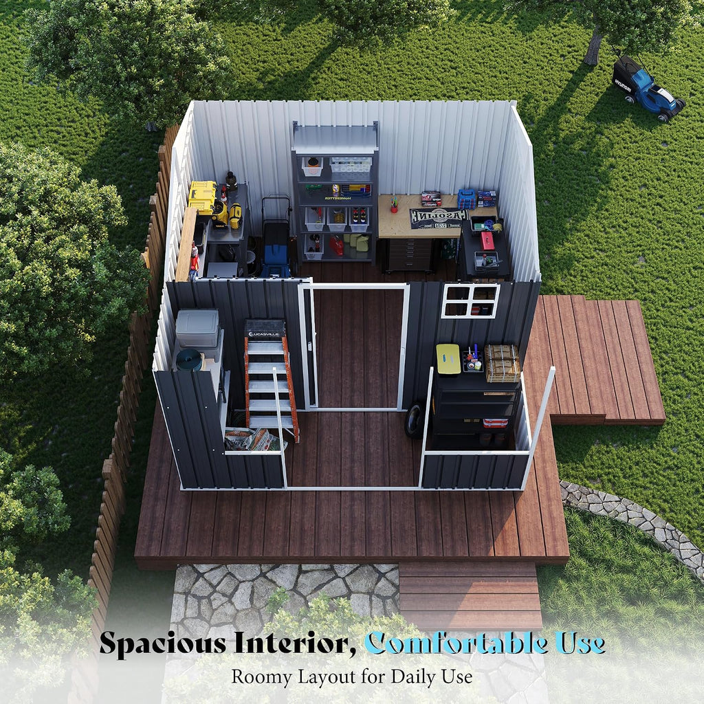 VanAcc 9x9x7 FT Metal Storage Shed, Dual-Zone Tool Shed with Work Area, Reinforced Frame, Gable Roof, Ventilated Design, Dark Grey