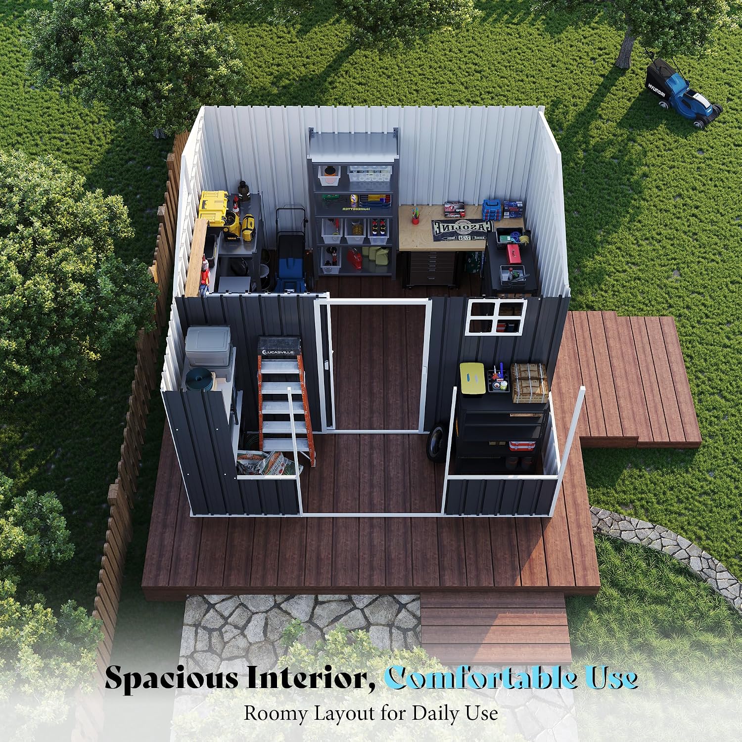 VanAcc 9x9x7 FT Metal Storage Shed, Dual-Zone Tool Shed with Work Area, Reinforced Frame, Gable Roof, Ventilated Design, Dark Grey