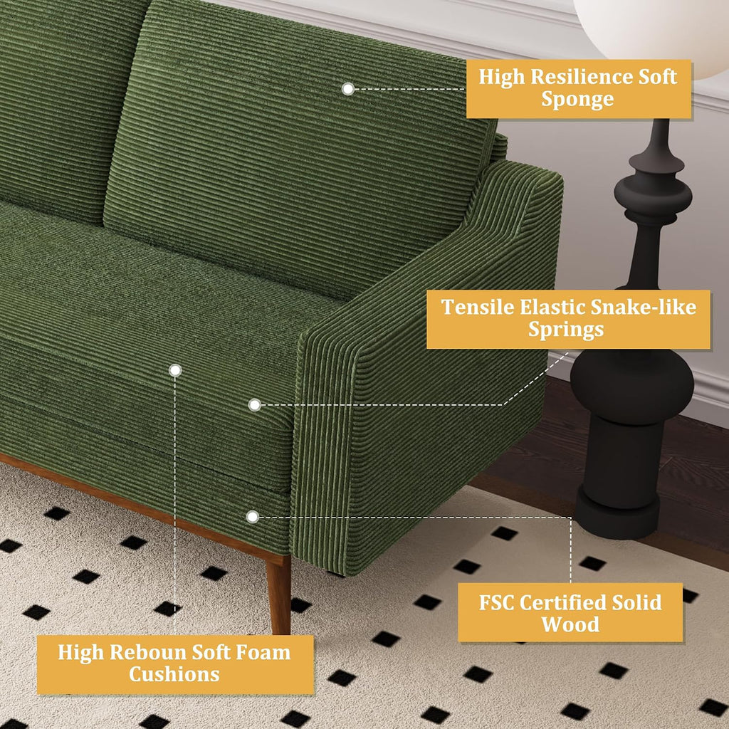 Vipbear 65.4' Loveseat Sofa Green Corduroy Couch, Mid-Century Modern Small Couches for Living Room, Bedroom, Office, Comfy Sofa with Spring Cushion, Solid Wood Frame, Tool-Free Assembly