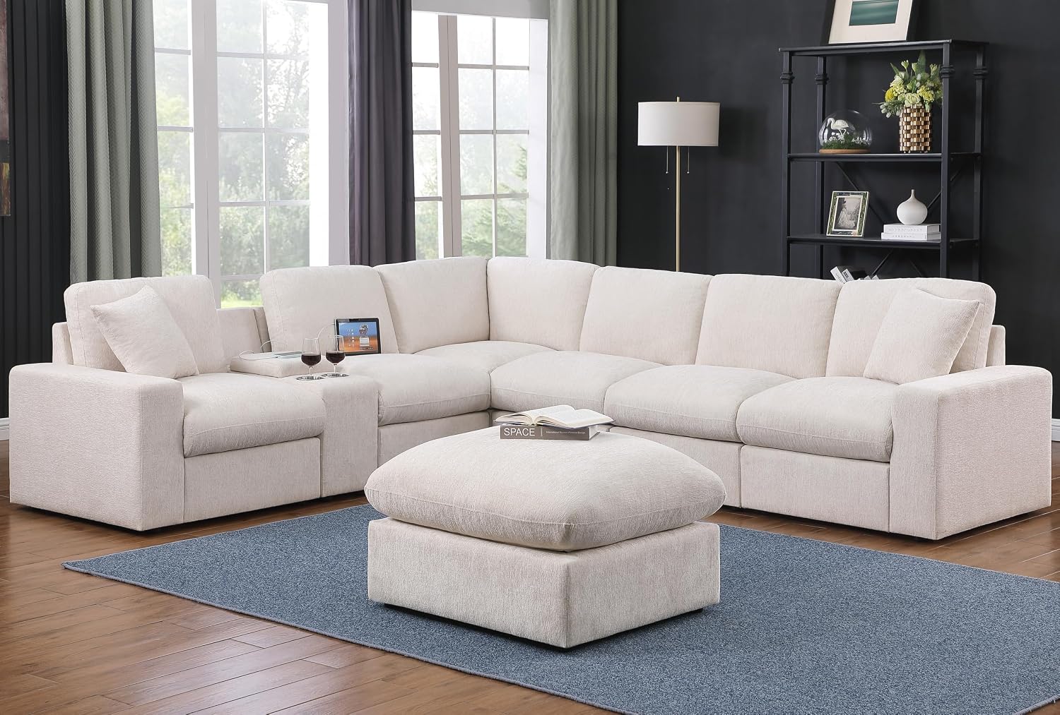 Ball & Cast 127' Modular Sectional Sofa,Modern Oversized Cloud Couch with Cup Holder&USB Port,7 Seat Convertible L-Shaped Chenille Sofas W/Ottoman,Pillows&Storage Box,Comfy Couch for Living Room,Beige