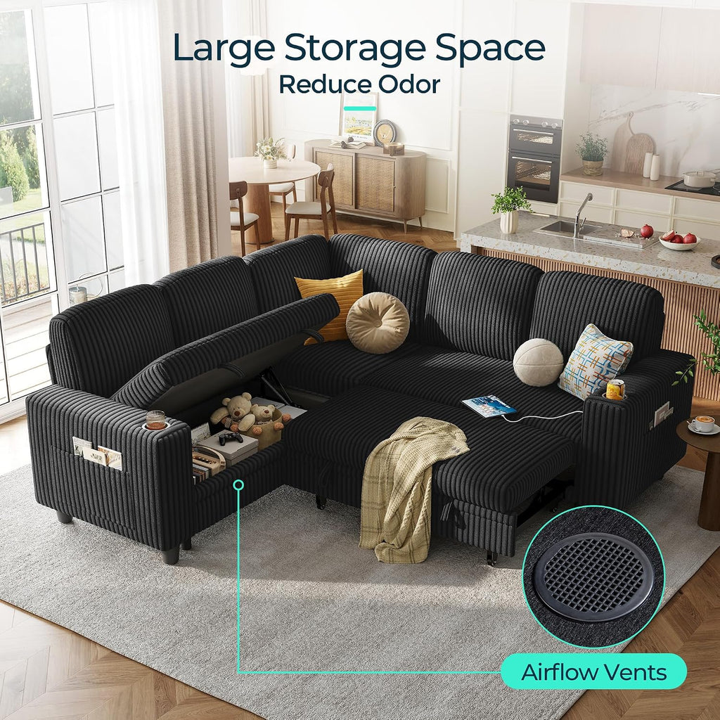 LINSY HOME Sectional Sleeper Sofa Pull Out Couches for Living Room (Black, Sleeper Sofa 2) | Pull Out Sofa Bed, Storage, USB Charging, Cup Holders, Plush Corduroy | Pull Out Sofa Bed, Storage, USB Charging, Cup Holders, Plush Corduroy