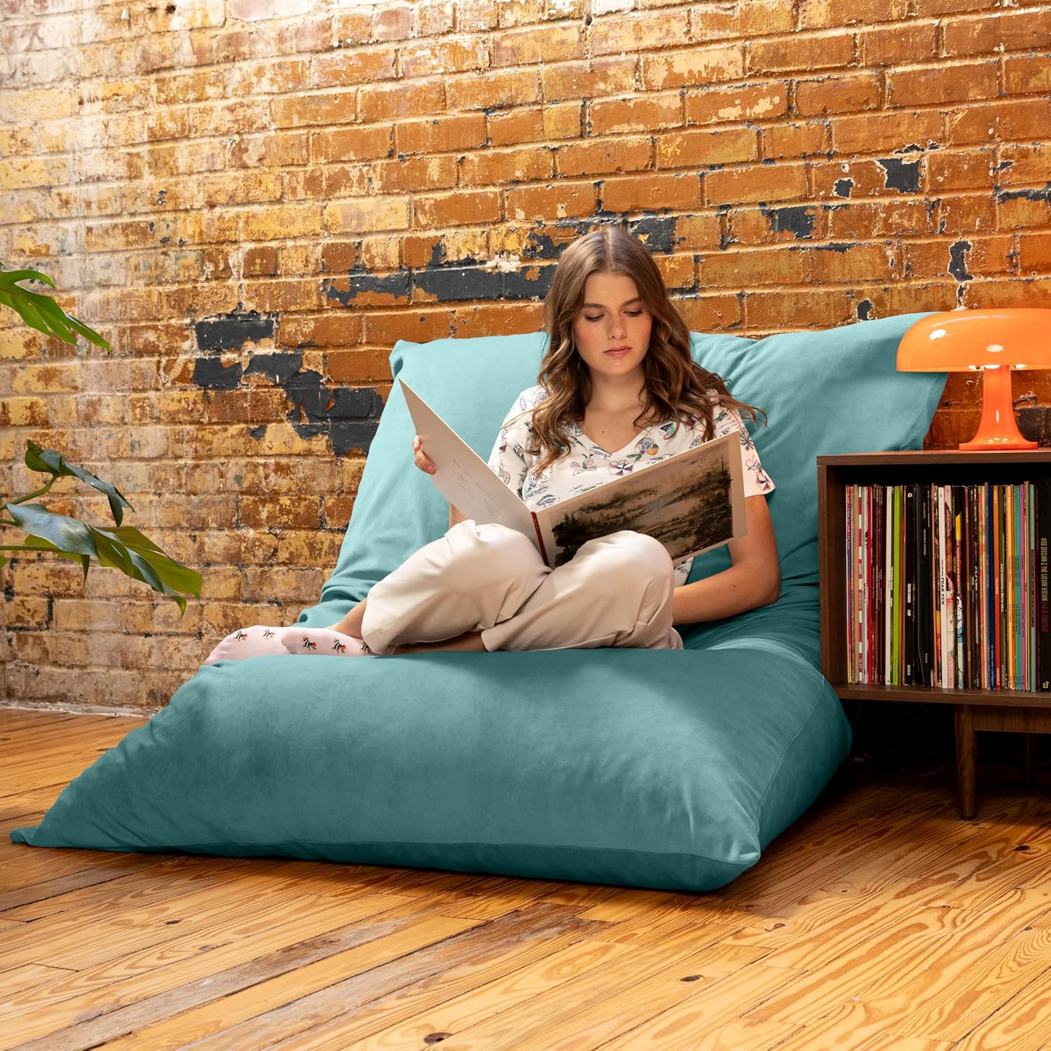 Pillow Saxx Bean Bag Rocking Chair - Elegant Oversized Rocker with Modern Wood Frame, Lush Velvet Turquoise