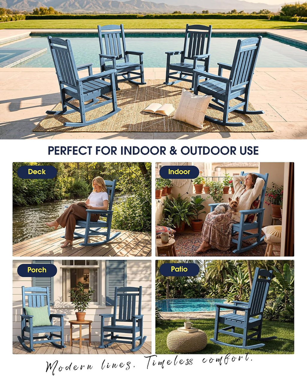 KINGYES Oversized Outdoor Rocking Chair with Cushion Set of 2, All-Weather Patio Rocking Chairs, HDPE Porch Rocker for Adults, 350 lbs Capacity, Blue Chair with Grey Cushion