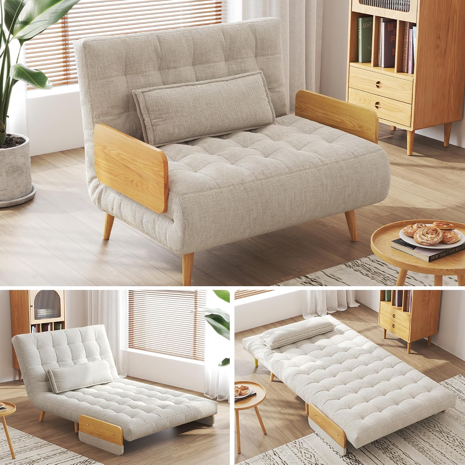 JASIWAY Convertible Sleeper Chair Bed for Adults, 3 in 1 Linen Convertable Futon Chair with Pillow, Fold Out Single Sleeper Couch Guest Bed for Small Spaces, Bedroom, Office, Mid-Century, 36.6'