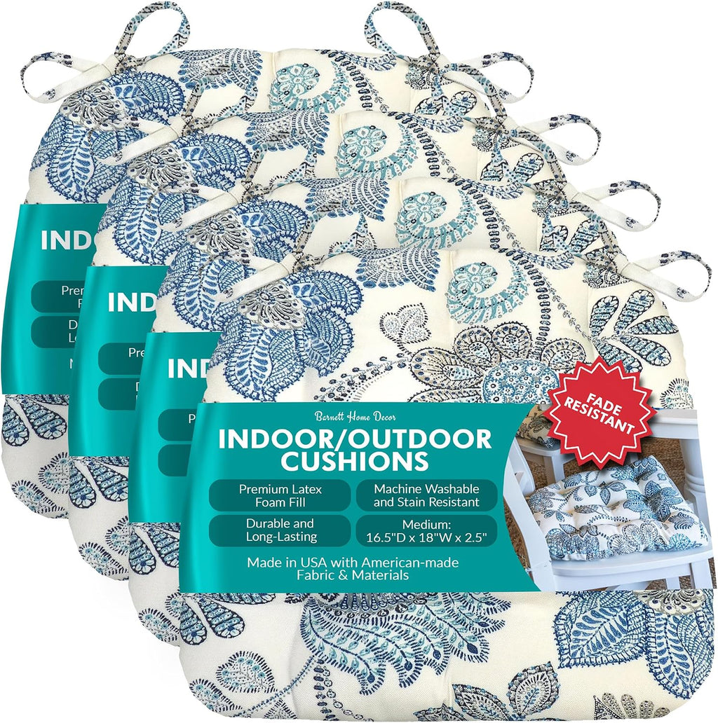 Barnett Home Decor Indoor Outdoor Dining Chair Cushions - 16.5 x 18 Patio Chair Cushions - Fade Resistant, Weather Resistant, Made in USA - Latex Foam Fill Pad - Boutique Blue (Pack of 4) Coastal