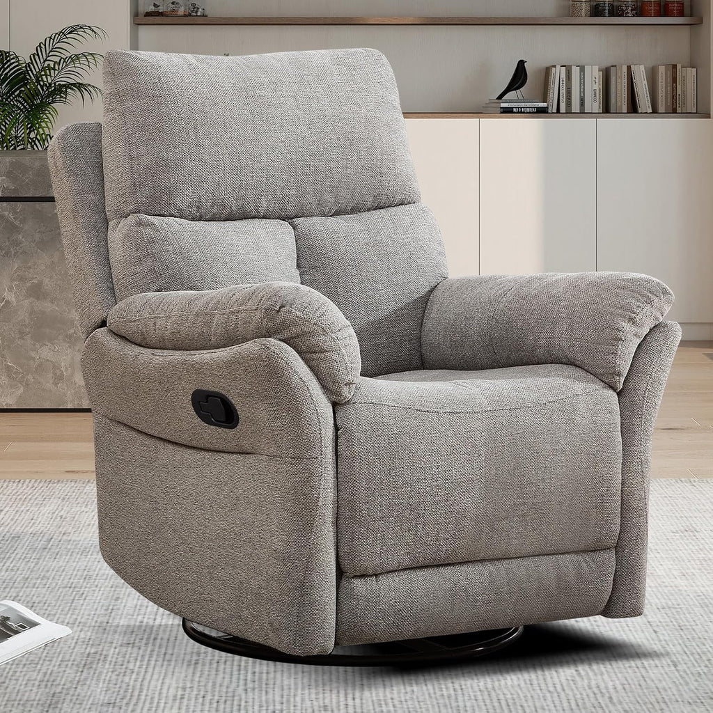 CANMOV Rocker Recliner, Manual Swivel Recliner with Overstuffed Cushion, Nursing Chairs for Living Room, Swivel Glider Recliners with Soft Backrest, Grey