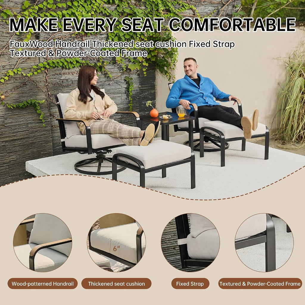 NATURAL EXPRESSIONS Patio Furniture Set,Outdoor Patio Chairs with 2 Swivel Glider Rocking Chairs,5 Piece Outdoor Conversation Set with Ottomans,All Weather Sturdy Frame,6' Cushions for Garden,Yard