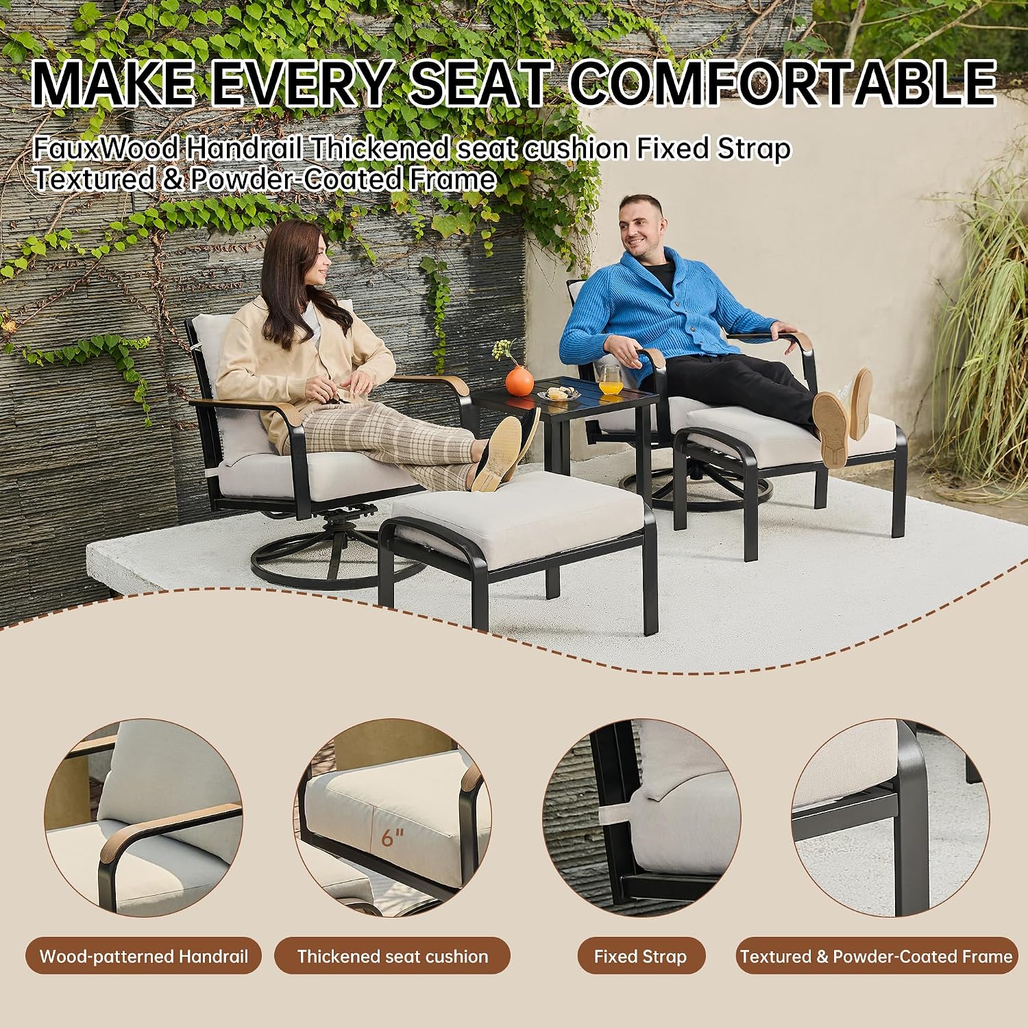 NATURAL EXPRESSIONS Patio Furniture Set,Outdoor Patio Chairs with 2 Swivel Glider Rocking Chairs,5 Piece Outdoor Conversation Set with Ottomans,All Weather Sturdy Frame,6' Cushions for Garden,Yard