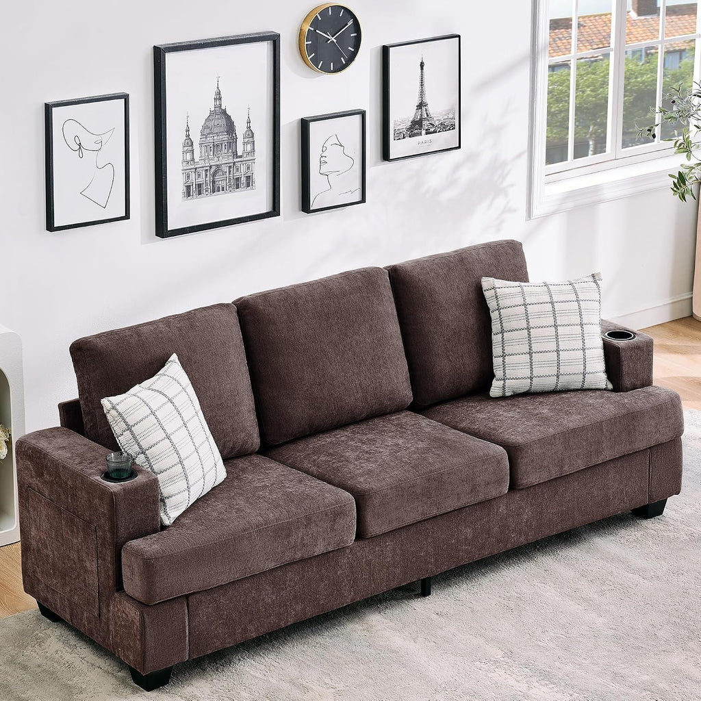 Garvee 89' 3-Seater Sofa for Living Room, Comfy Couches with Deep Seat, Modern Chenille Couch with Cup Holders and Side Storage Pockets for Apartment Lounge, Brown