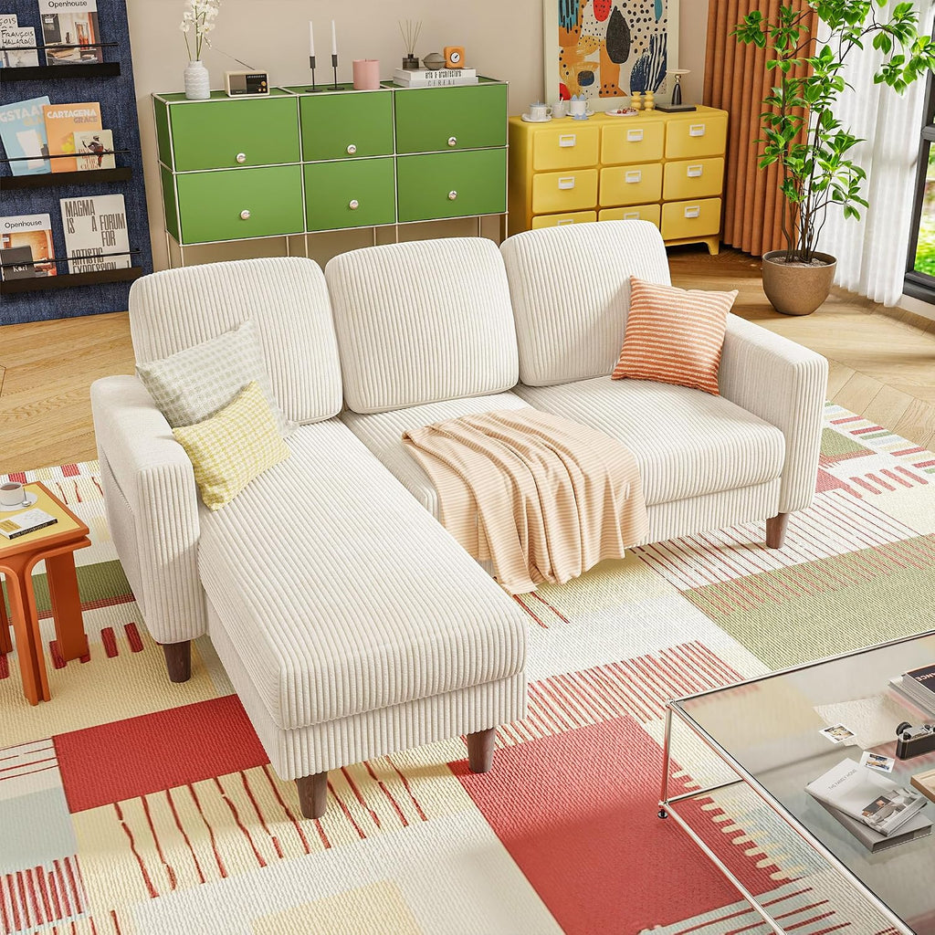 YESHOMY Couches for Living Room, Sofa with Movable Ottoman, Small Couch with Reversible Chaise and Side Pockets, L Shaped Couch for Small Space, Apartment (Corduroy, Cream)