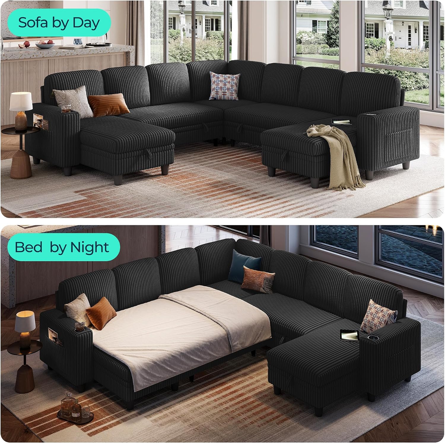LINSY HOME Sectional Sleeper Sofa with Pull Out Couch Bed - Convertible Plush Corduroy Cloud Couches with Storage Chaise & USB Charging, Comfy Modular Couch for Living Room, Black
