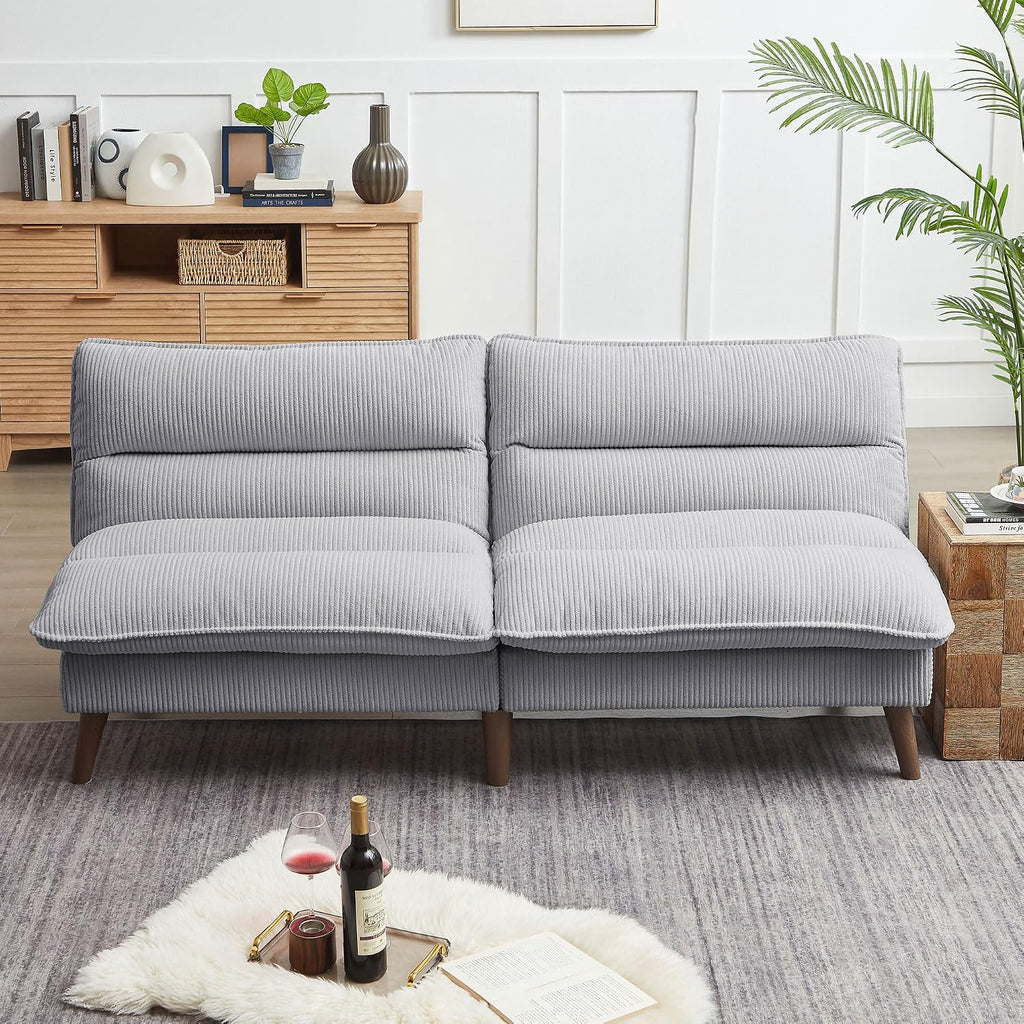 72' Futon Sofa Bed, Futon Couch with Adjustable Backrest, Recliner Small Loveseat for Living Room, Office, Apartment, Corduroy Loveseat, Light Grey