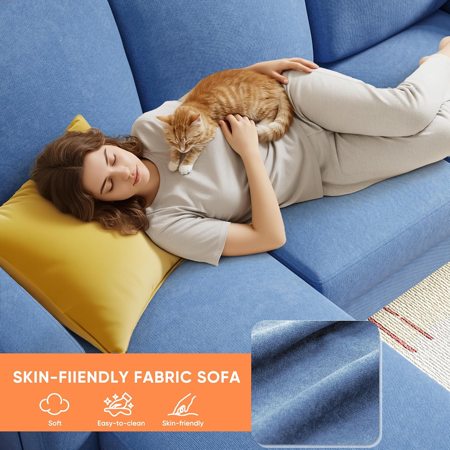YESHOMY Couches for Living Room, Sofa with Movable Ottoman, Small Couch with Reversible Chaise and Side Pockets, L Shaped Couch for Small Space, Apartment (Linen Fabric, Blue)