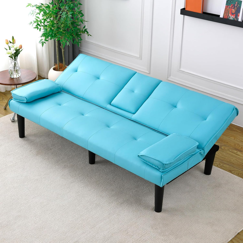 KEIKI 3 in 1 Convertible Sleeper Sofa Bed with Cup Holder, Futon Sofa Bed for Living Room, Dorm or Home Office, Blue