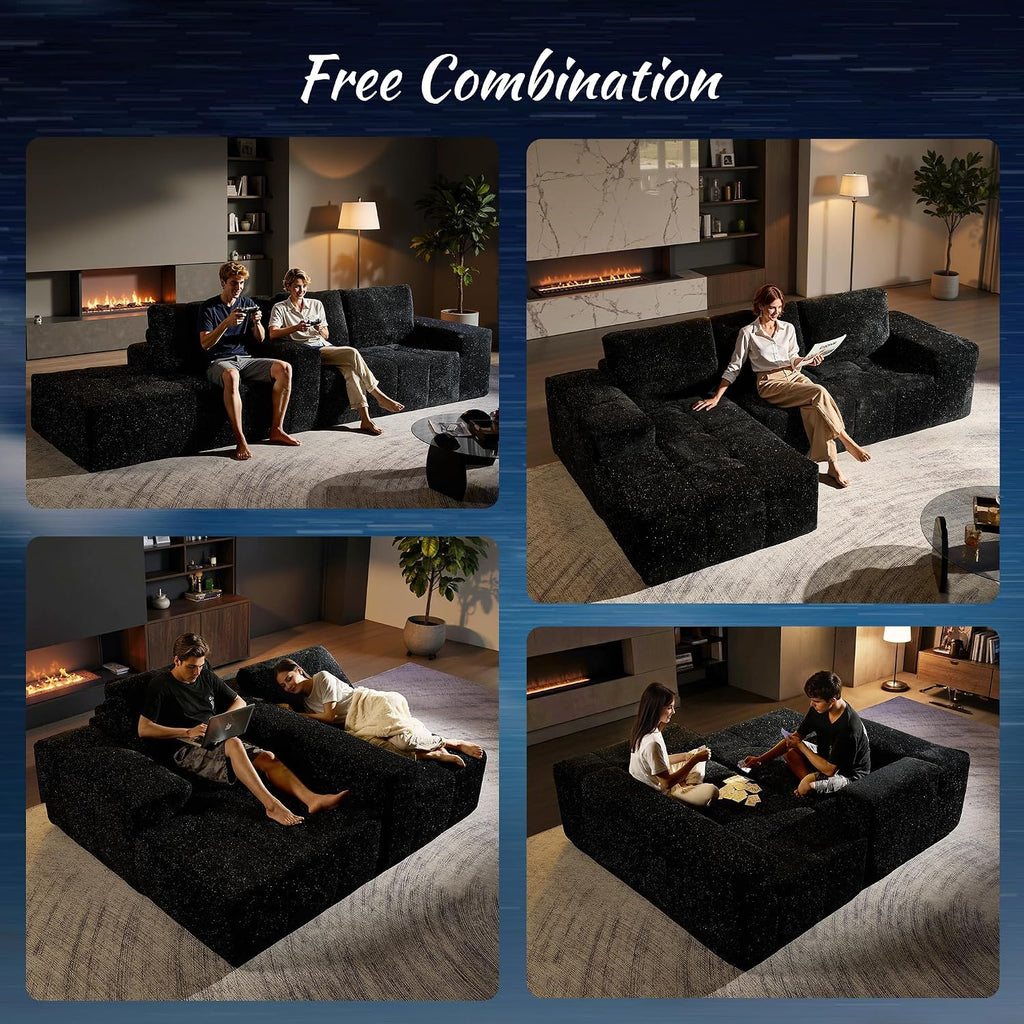 ovios 115' Cloud Boneless Couch with Glitter Fabric, Moudular Sectional Sofa with Deep Seat, No Assembly Required, Modern Minimalist L Shaped Couches with Chaise for Living Room, Black