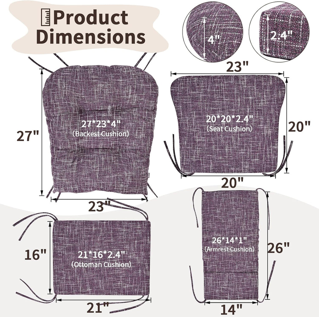SINOSSO Glider Rocker Cushion Set (5 Pcs), Soft Blended Fabric High-Density Support Foam Seat Cushions with Ties, Fits Rocking Chair/Nursery Glider & Ottoman, Purple
