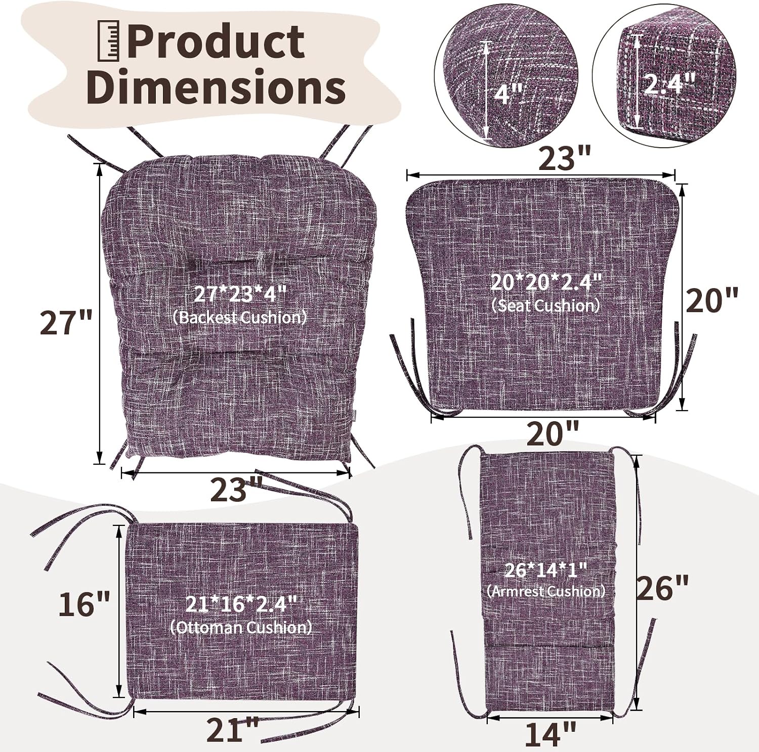SINOSSO Glider Rocker Cushion Set (5 Pcs), Soft Blended Fabric High-Density Support Foam Seat Cushions with Ties, Fits Rocking Chair/Nursery Glider & Ottoman, Purple