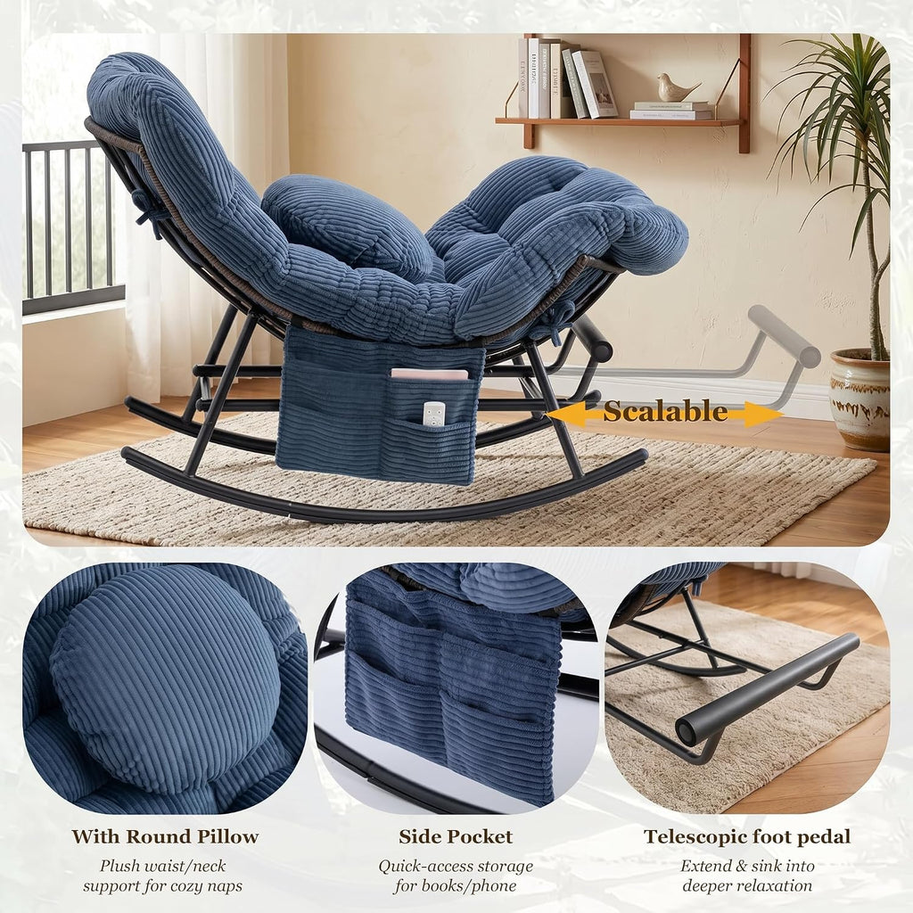 Rocking Chair Indoor & Outdoor, Oversized Patio Papasan Recliner Chair with Footstool Pillow & Side Pocket for Bedroom, Living Room, Garden, Balcony, Lawn (Blue)