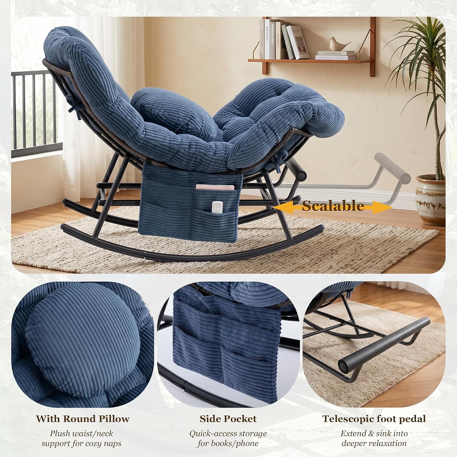 Rocking Chair Indoor & Outdoor, Oversized Patio Papasan Recliner Chair with Footstool Pillow & Side Pocket for Bedroom, Living Room, Garden, Balcony, Lawn (Blue)