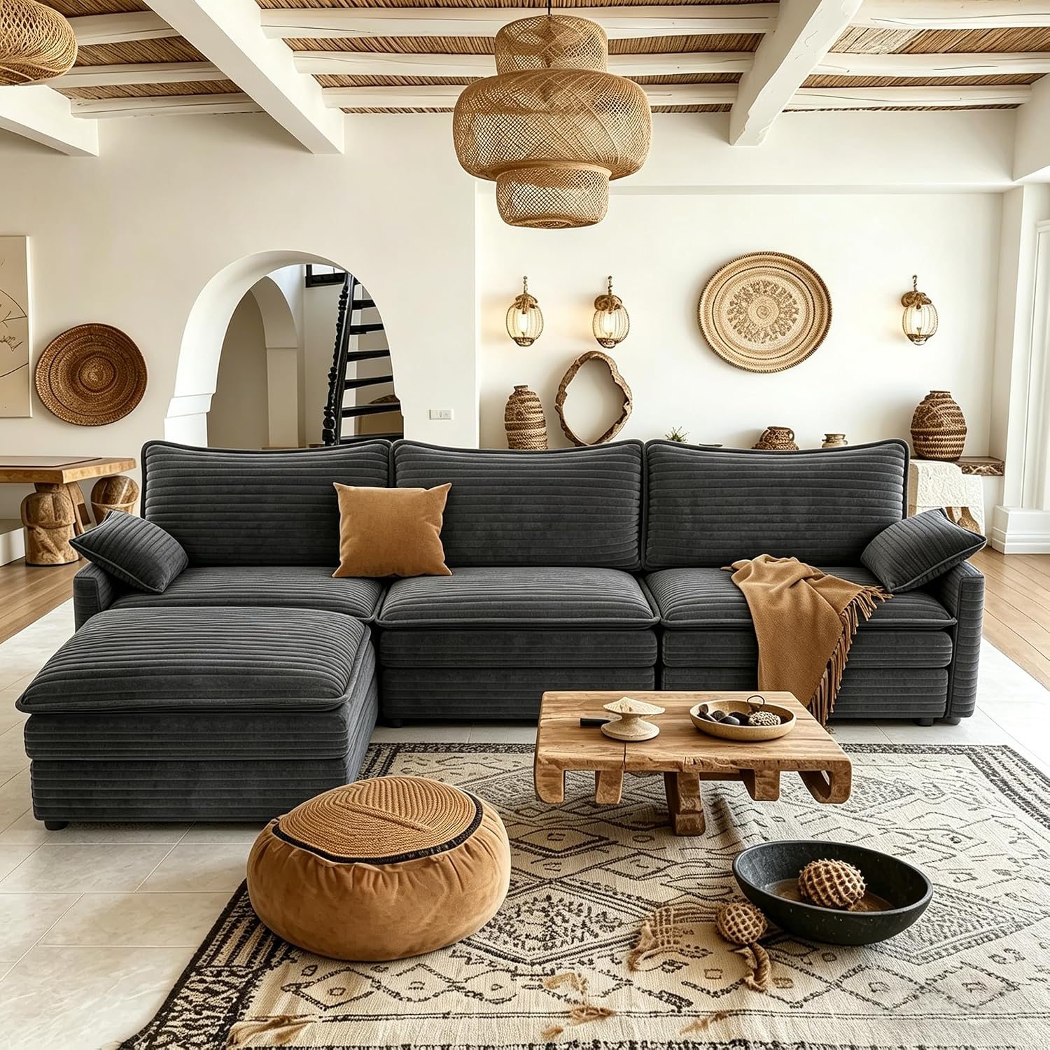 Vesgantti 108' Cloud Couch for Living Room, Deep Seat Sectional Modular Sofa with Ottoman, Double Cushion Corduroy L Shaped Sofas Set Easy Rearrange for Apartment, Office, Bedroom, Dark Grey