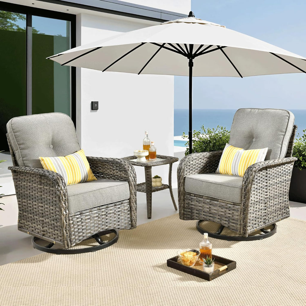 ovios 3-Piece Patio Furniture Set, Outdoor Wicker Sofa with Swivel Chairs, High Back Rattan Gliders Rocker with Comfy Cushions for Porch Yard Deck, Dark Grey