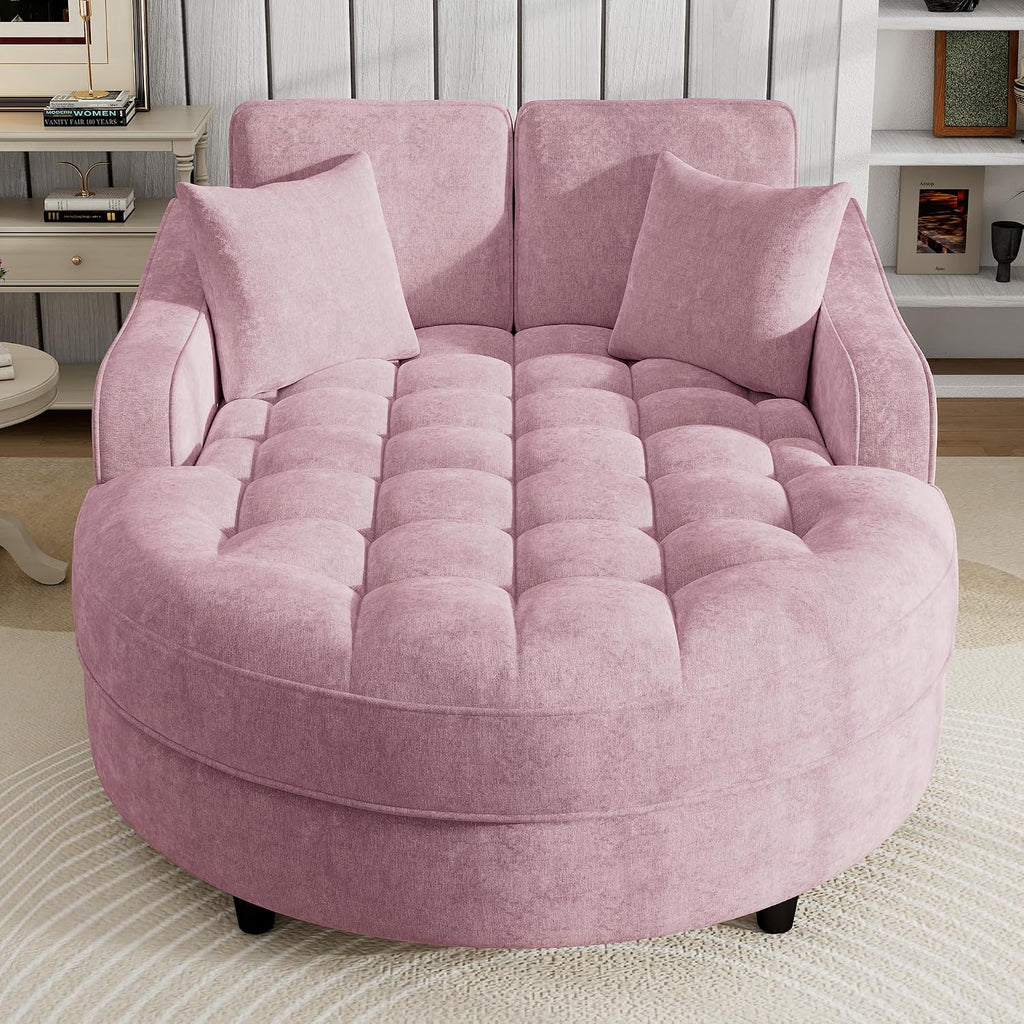 Merax 55' Modern Chaise Lounge Sofa Bed, Chenille Upholstered Couch with Tufted Seat and Removable & Adjustable Pillows for Living Room, Pink