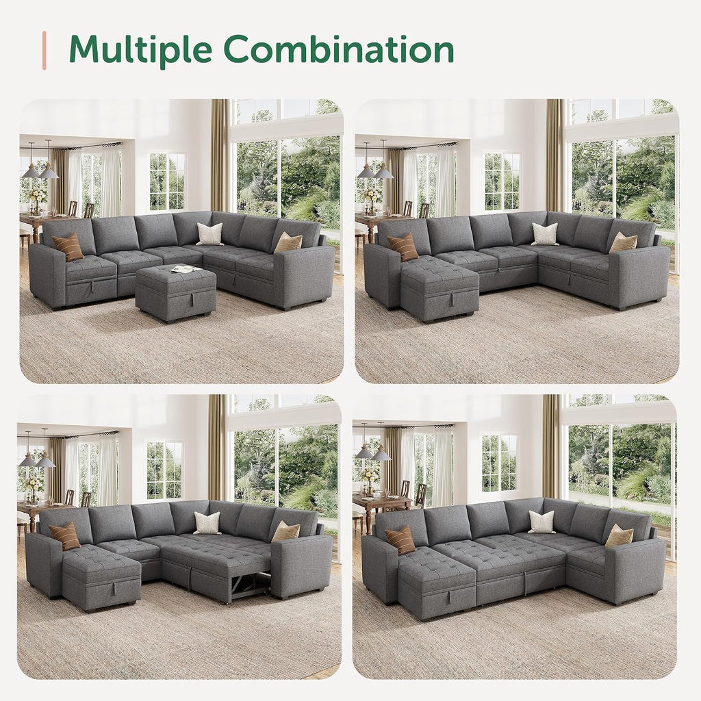 HONBAY Modular Sectional Sleeper Sofa with Pull Out Bed, Convertible L Shaped Couch with Storage Seat, Sectional Couches for Living Room,Grey