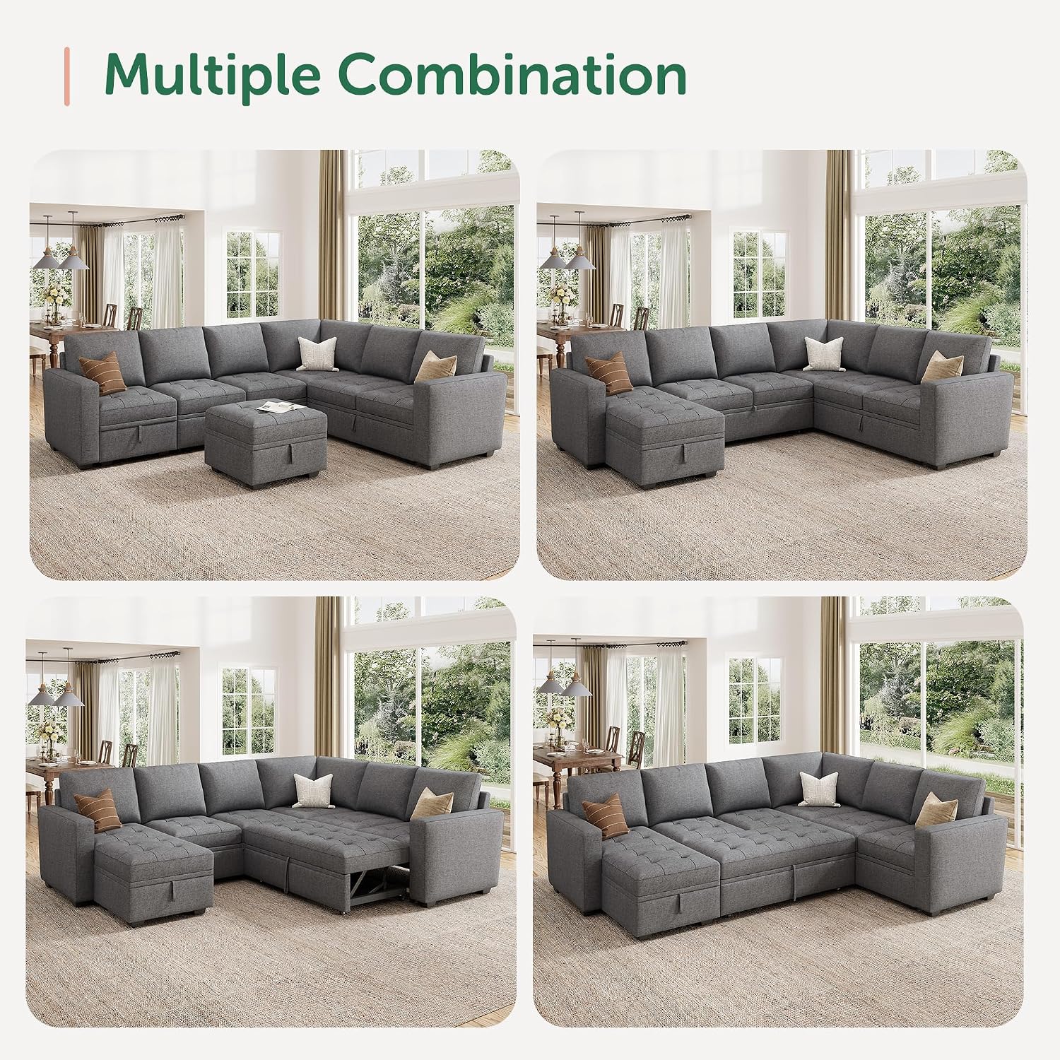 HONBAY Modular Sectional Sleeper Sofa with Pull Out Bed, Convertible L Shaped Couch with Storage Seat, Sectional Couches for Living Room,Grey