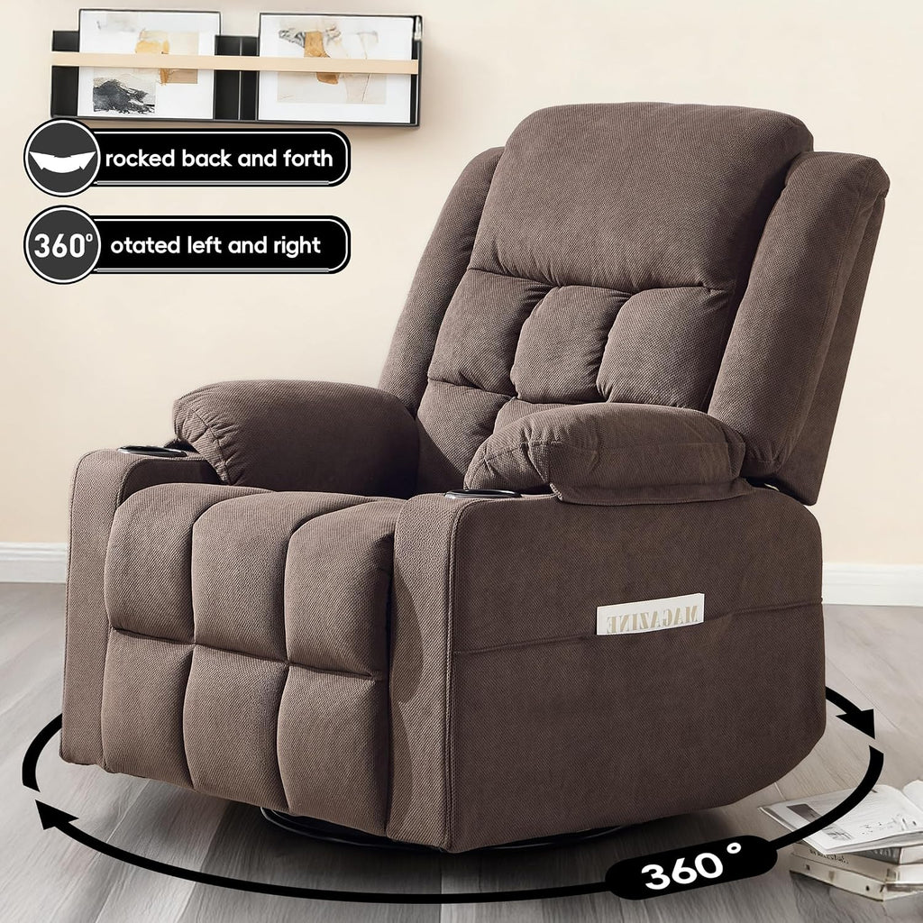 Swivel Rocker Recliner Chair with Massage and Heating,Cup Holders,Glider Recliner for Adults,Soft Fabric Living Room Nursing Reclining Sofa Chair