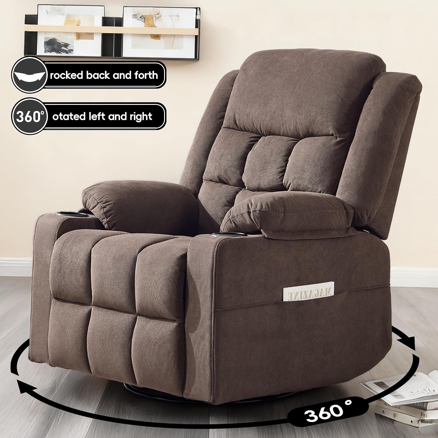 Swivel Rocker Recliner Chair with Massage and Heating,Cup Holders,Glider Recliner for Adults,Soft Fabric Living Room Nursing Reclining Sofa Chair