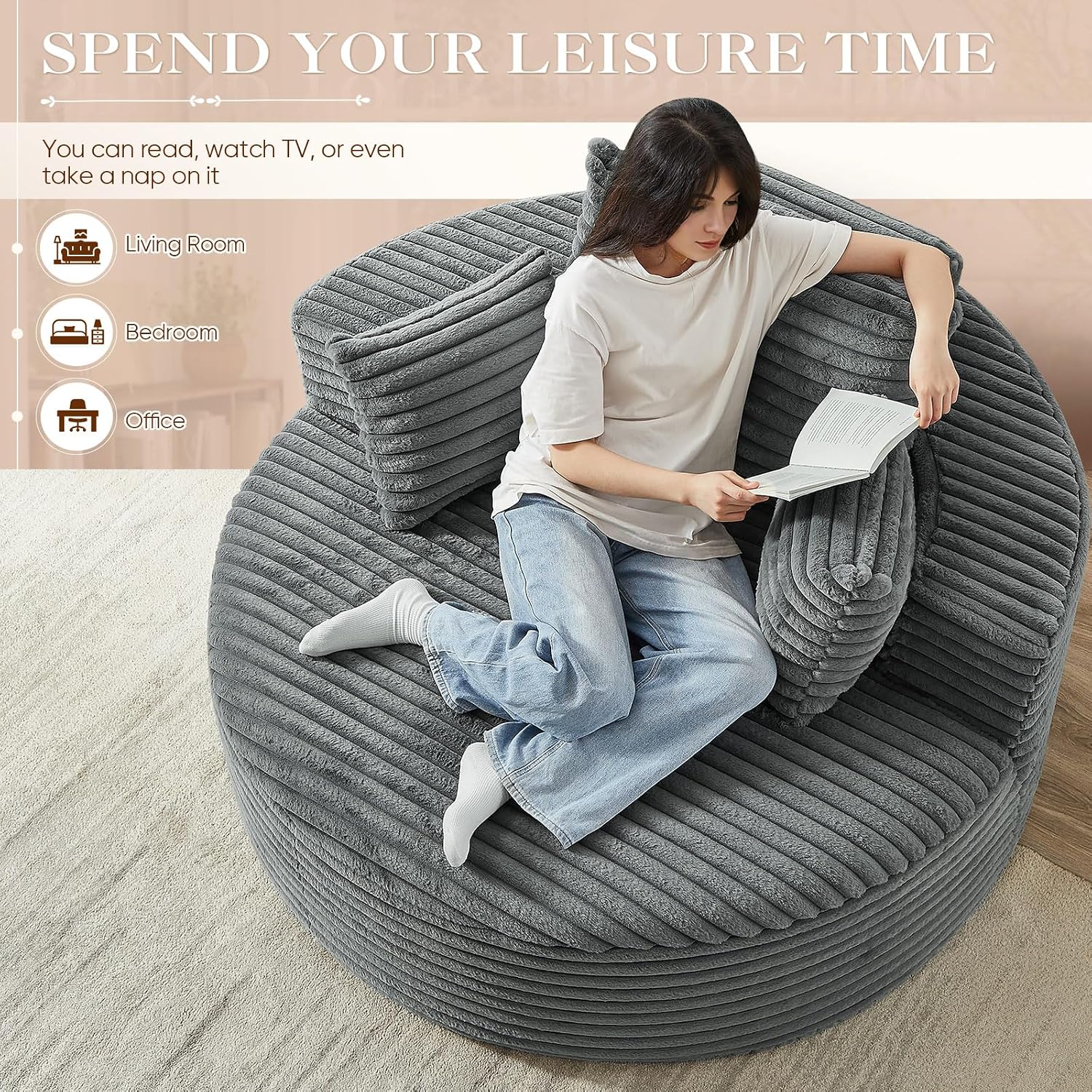 Oversized Round Chaise Longue Chair Indoor, Modern 55-inch Upholstered Corduroy Deep Seat Circle Single Cloud Lounge Floor Sofa Chair for Living Room, Bedroom Apartment, Grey