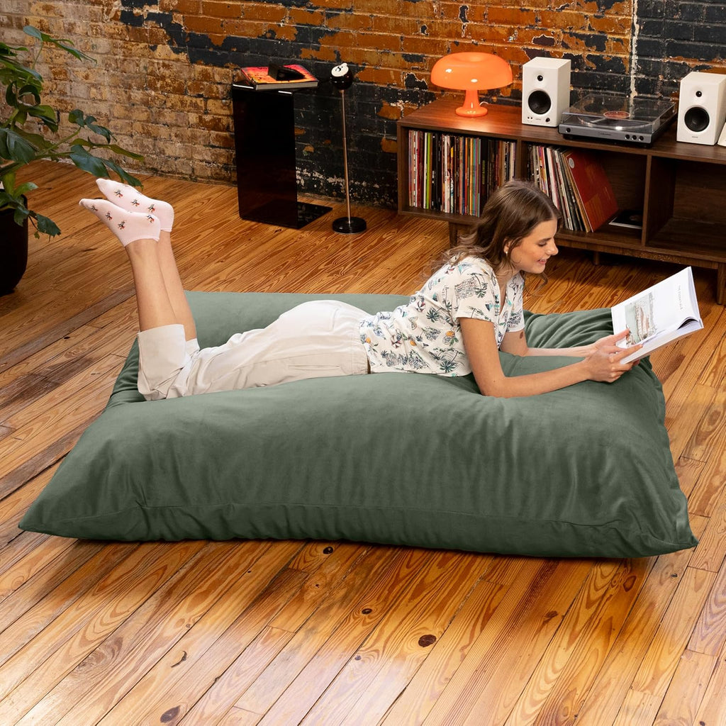 Pillow Saxx Bean Bag Rocking Chair - Elegant Oversized Rocker with Modern Wood Frame, Lush Velvet Green