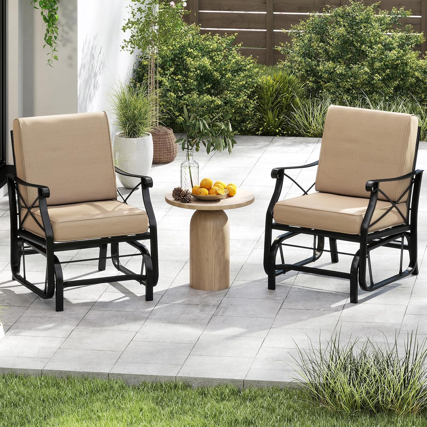 Giantex Outdoor Glider Rocking Chair, Patio Glider with Thick Removable Seat and Back Cushion, Non-Slip Foot Pads, Heavy-Duty Metal Frame, Outdoor Swing Rocking Chairs for Porch, Garden, Yard, Lawn