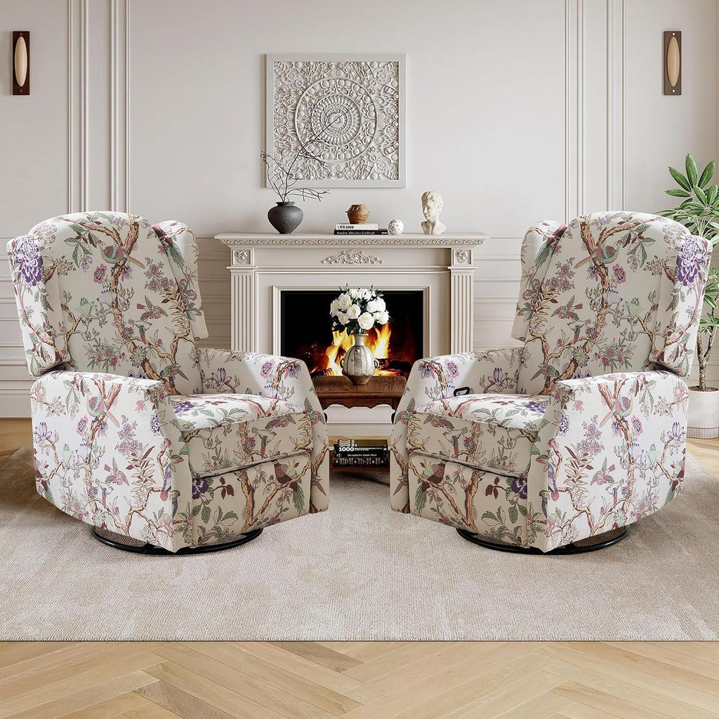 Floral Accent Swivel Rocker Recliner, Wingback Recliner Chair with Padded Seat, High Back Upholstered Armchair for Living Room, Bedroom, Home Ofiice (Bird Floral x 2)