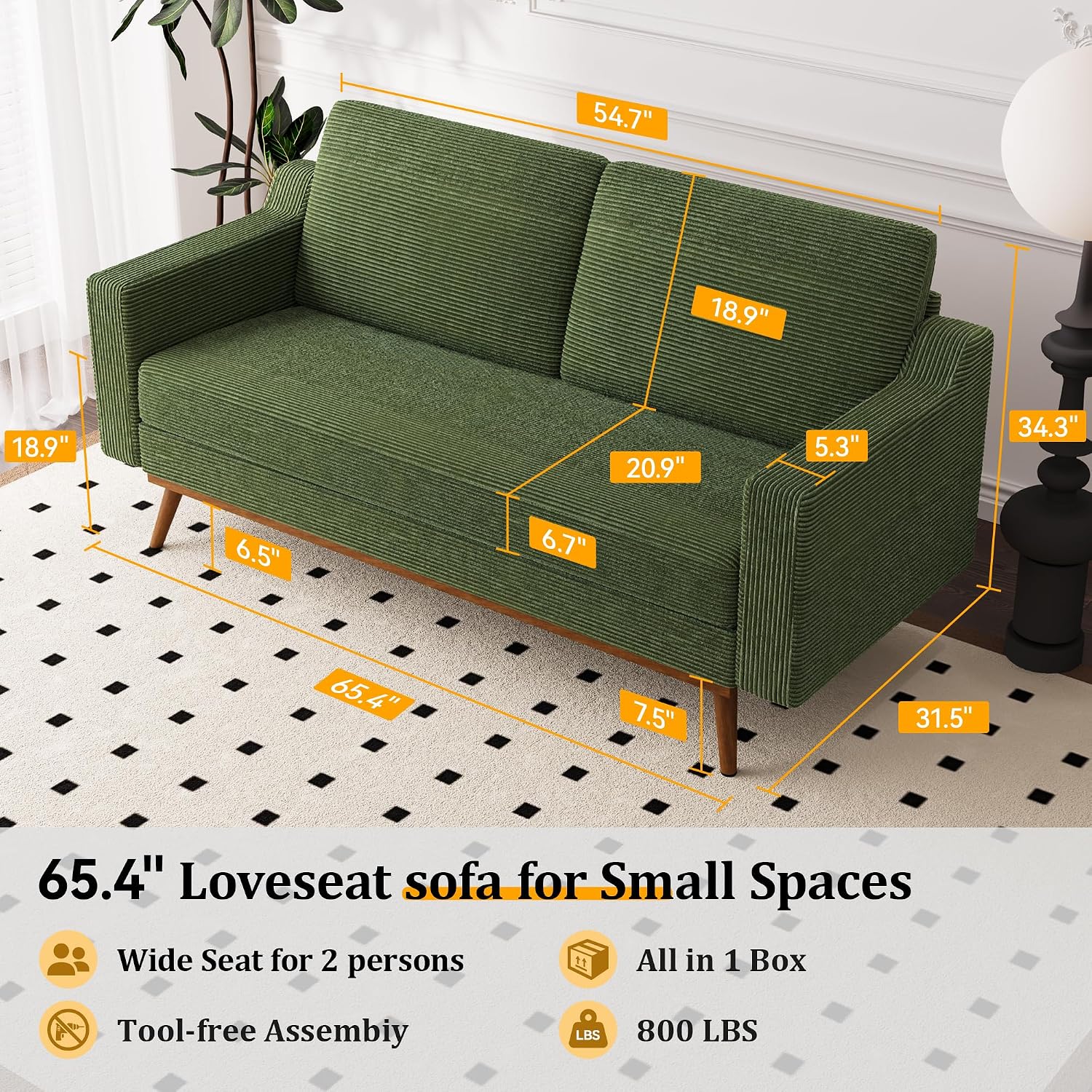 Vipbear 65.4' Loveseat Sofa Green Corduroy Couch, Mid-Century Modern Small Couches for Living Room, Bedroom, Office, Comfy Sofa with Spring Cushion, Solid Wood Frame, Tool-Free Assembly
