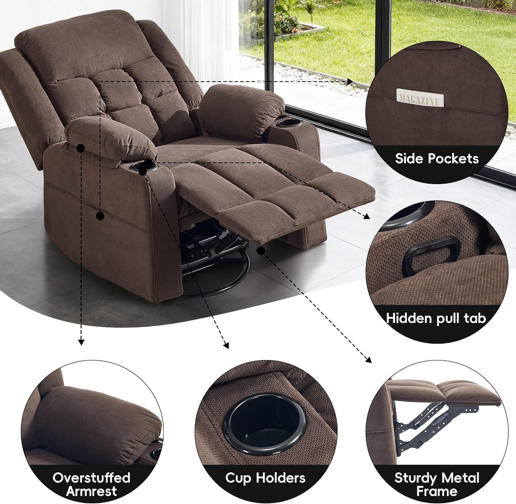 Swivel Rocker Recliner Chair with Massage and Heating,Cup Holders,Glider Recliner for Adults,Soft Fabric Living Room Nursing Reclining Sofa Chair
