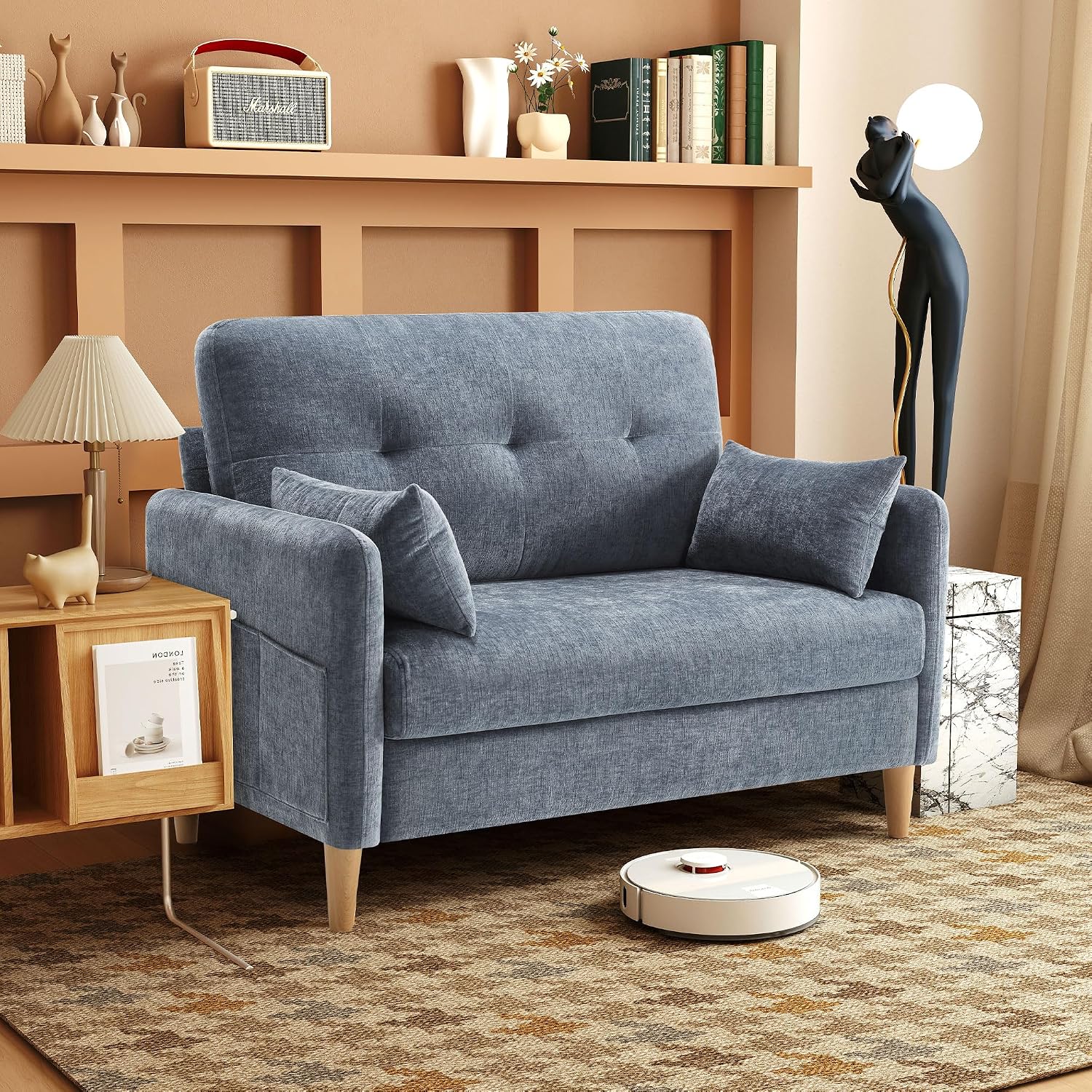 Urhanherry 47' Small Sofa Couch for Bedroom, Soft Chenille loveseat Mini Couch with Throw Pillow and Removable Cushion Cover for Small Spaces, Living Room, Apartment, Dorm, Office(Blue Grey)