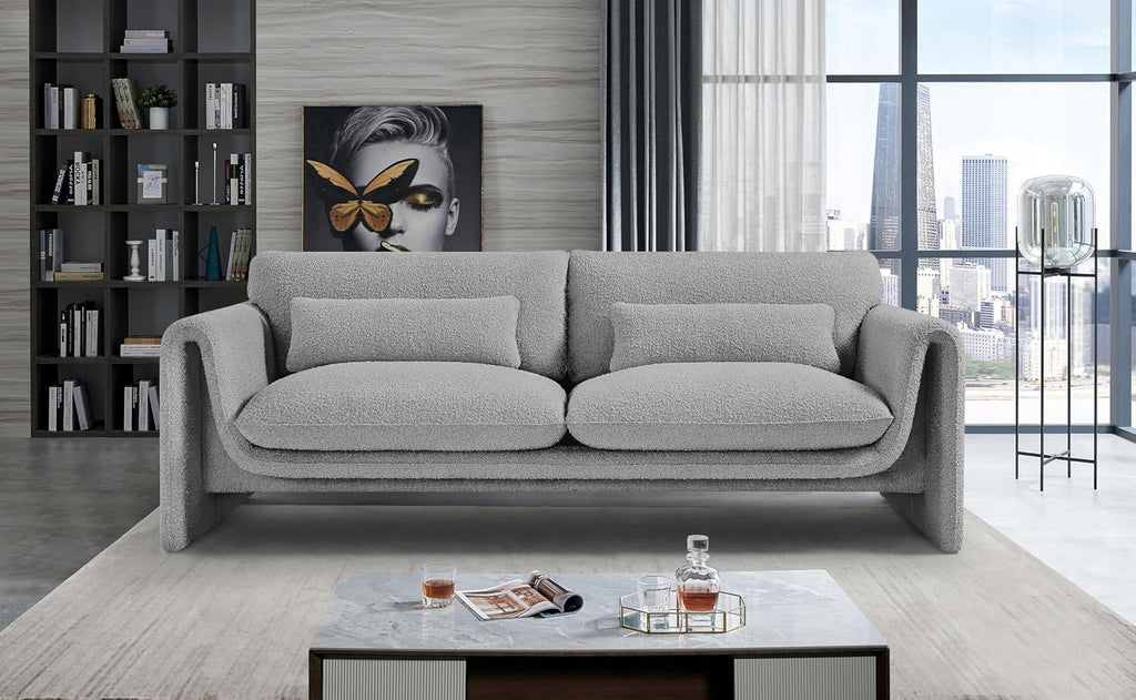 Meridian Furniture 198Grey-S Stylus Collection Modern | Contemporary Boucle Fabric Upholstered Sofa with Rich Grey Boucle Fabric, Curved Arms, 86' W x 38' D x 31' H, Grey