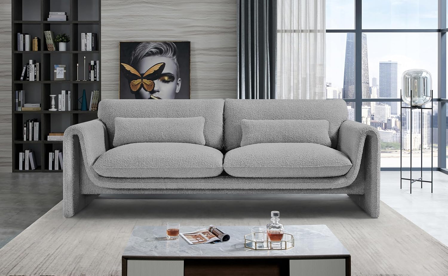 Meridian Furniture 198Grey-S Stylus Collection Modern | Contemporary Boucle Fabric Upholstered Sofa with Rich Grey Boucle Fabric, Curved Arms, 86' W x 38' D x 31' H, Grey