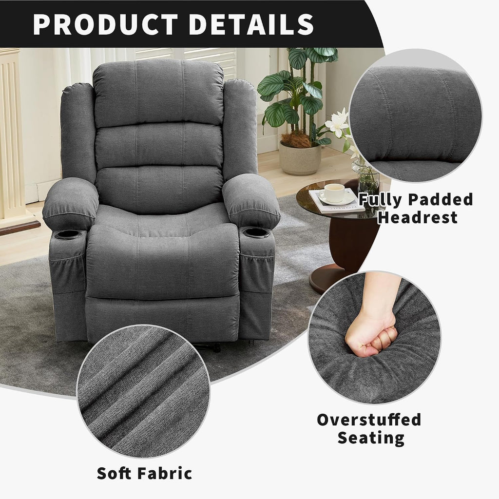 GarveeHome Large Recliner Chair for Adults Manual Pull Tab Reclining Chair with Cup Holders 3-Position Recliner Sofa for Living Room Overstuffed Single Sofa Chair Supports 350 Lbs