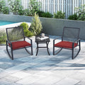 Domi Outdoor 3-Piece Wicker Rocking Chair Set, Patio Conversation Set with Removable Textilene Cushions & Metal Coffee Table, All-Weather Outside Chair Set of 3 for Balcony, Backyard, Pool, Red