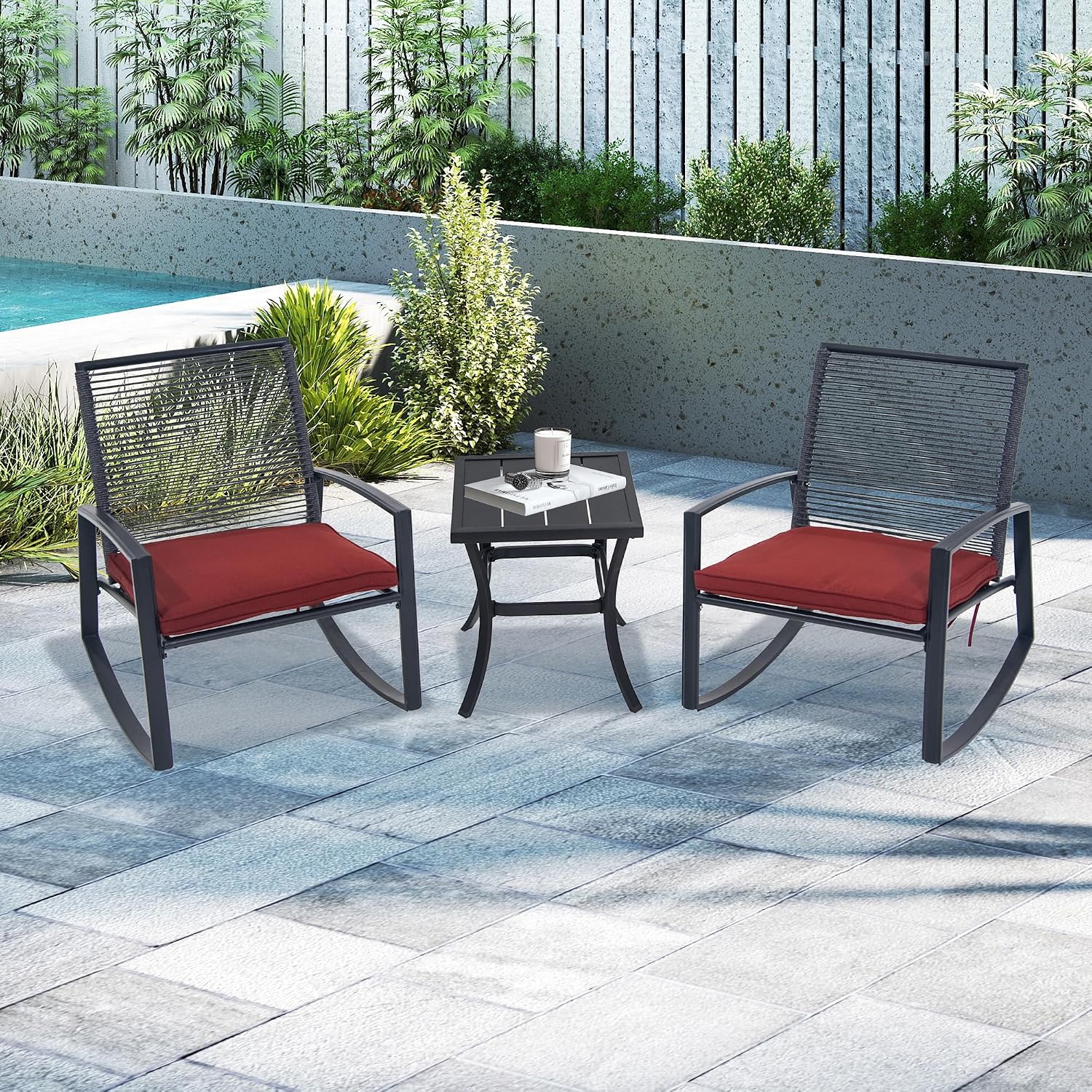 Domi Outdoor 3-Piece Wicker Rocking Chair Set, Patio Conversation Set with Removable Textilene Cushions & Metal Coffee Table, All-Weather Outside Chair Set of 3 for Balcony, Backyard, Pool, Red
