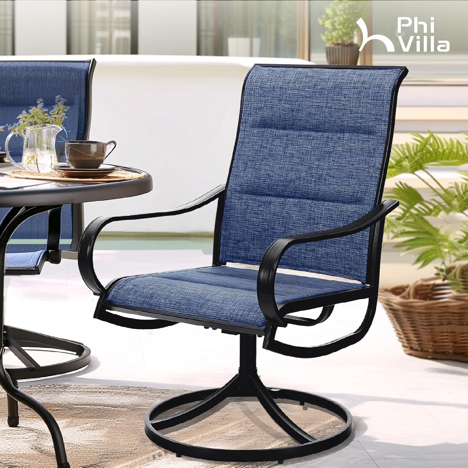 PHI VILLA Patio Swivel Dining Chairs Set of 2, All Weather Outdoor Chair with Padded Textilene & Black Metal Frame for Outdoor Lawn Garden Pooside (Blue)