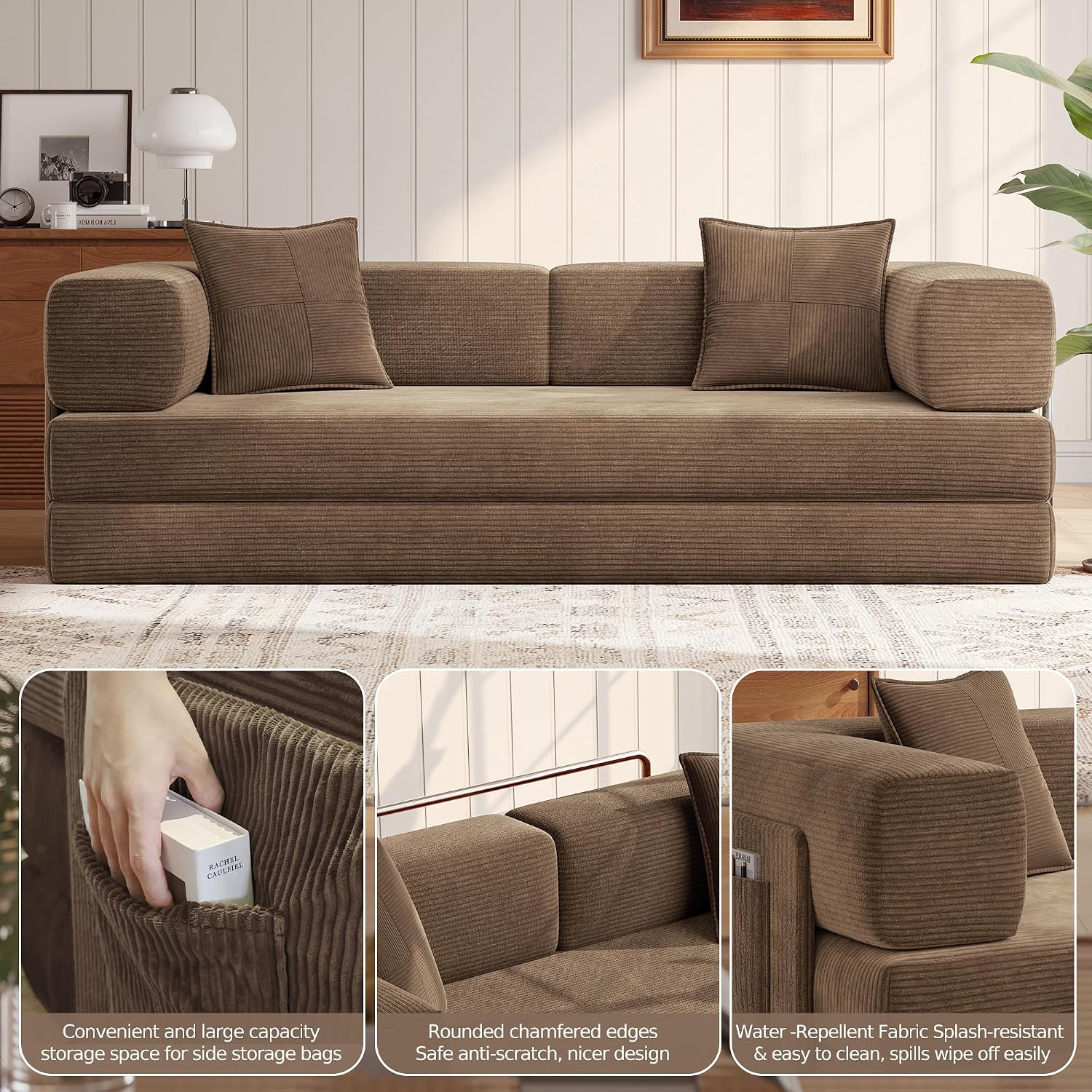 MoonSpeak 78.8''Sleeper Couch Bed for Livingroom,Convertible Modular Sofa with Armrest Pillow,Modular Foldable Corduroy Couches in a Box,No Assembly (Brown)